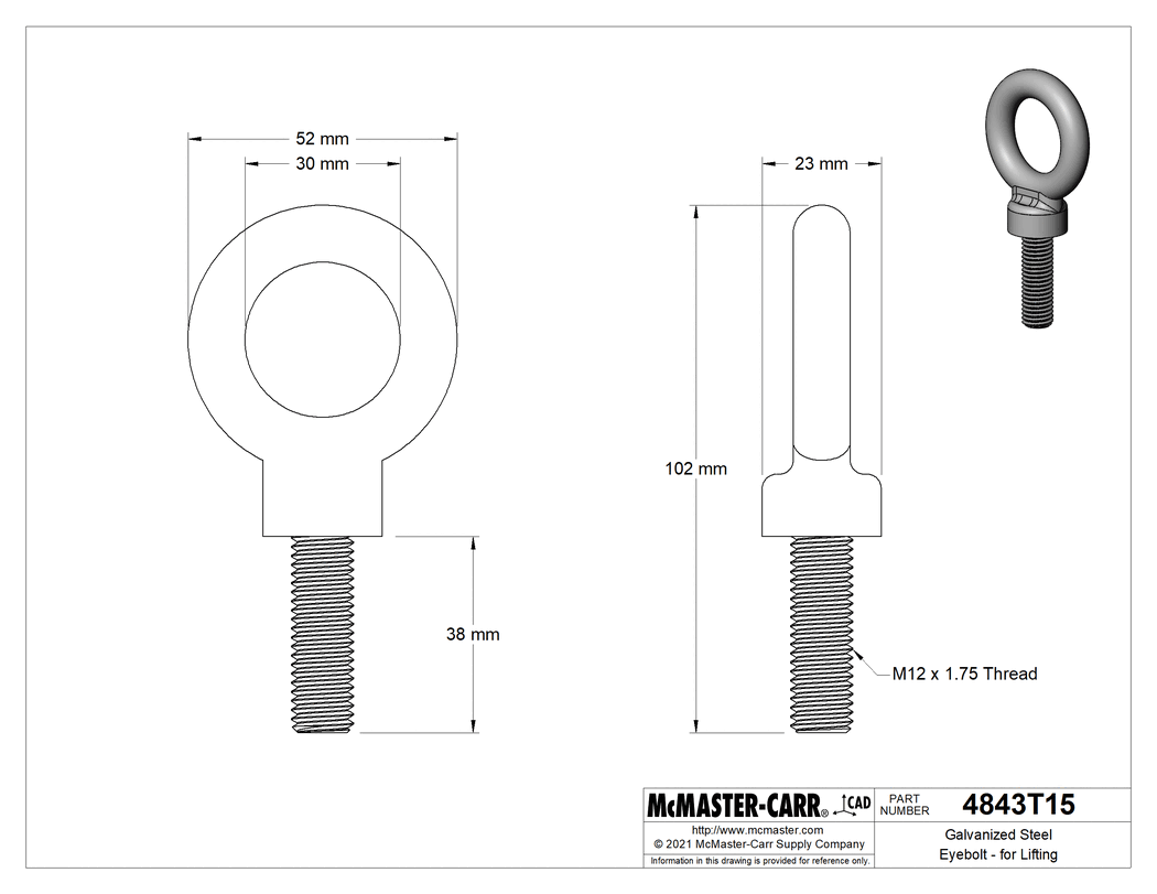 Technical Drawing of Galvanized Steel Eyebolt - for Lifting, M12 x 1.75 Thread Size, 38 mm Thread Length .